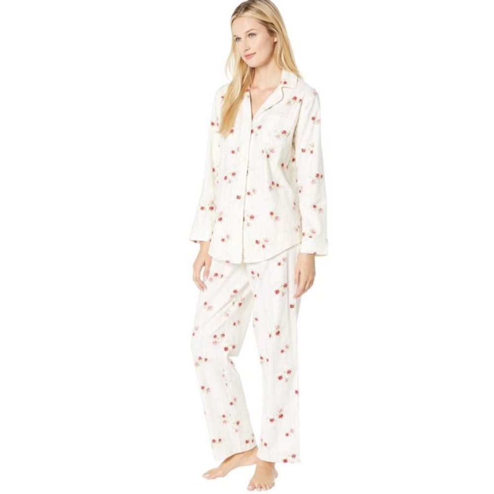 Ralph Lauren Brushed Twill Long Sleeve Collar Pajama Set Floral Medium